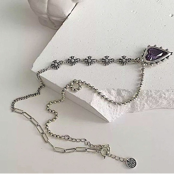 Heart Amethyst Sterling Silver Pendant Charm Punk Necklace - Picture 5 of 7